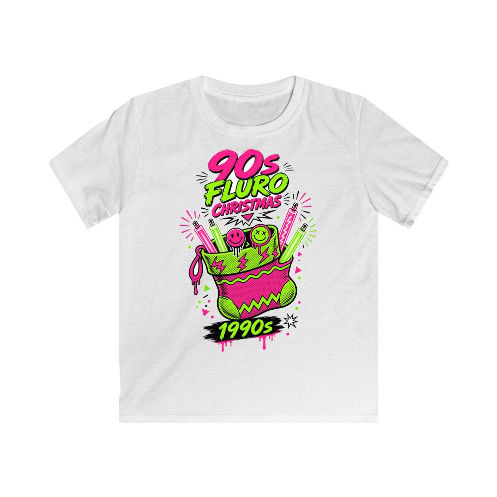 Fluro Nineties Stocking personalised kids Christmas tee in white