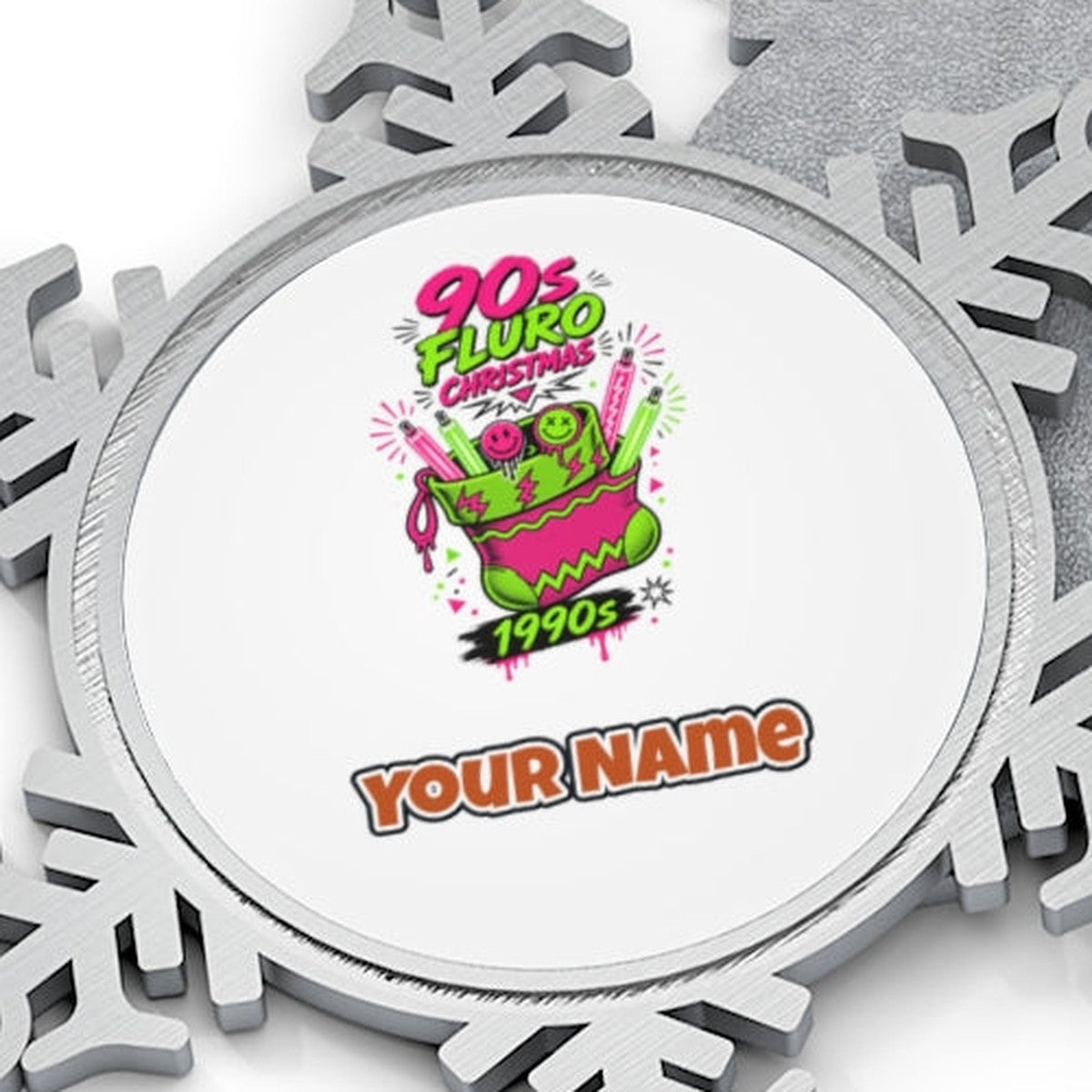 Fluro Nineties Stocking Personalised Pewter Christmas Ornament