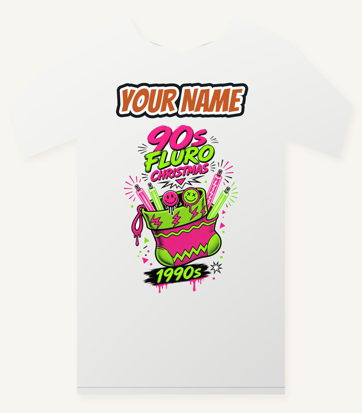 Fluro Nineties Stocking Personalised Christmas T-Shirt and Hoodie