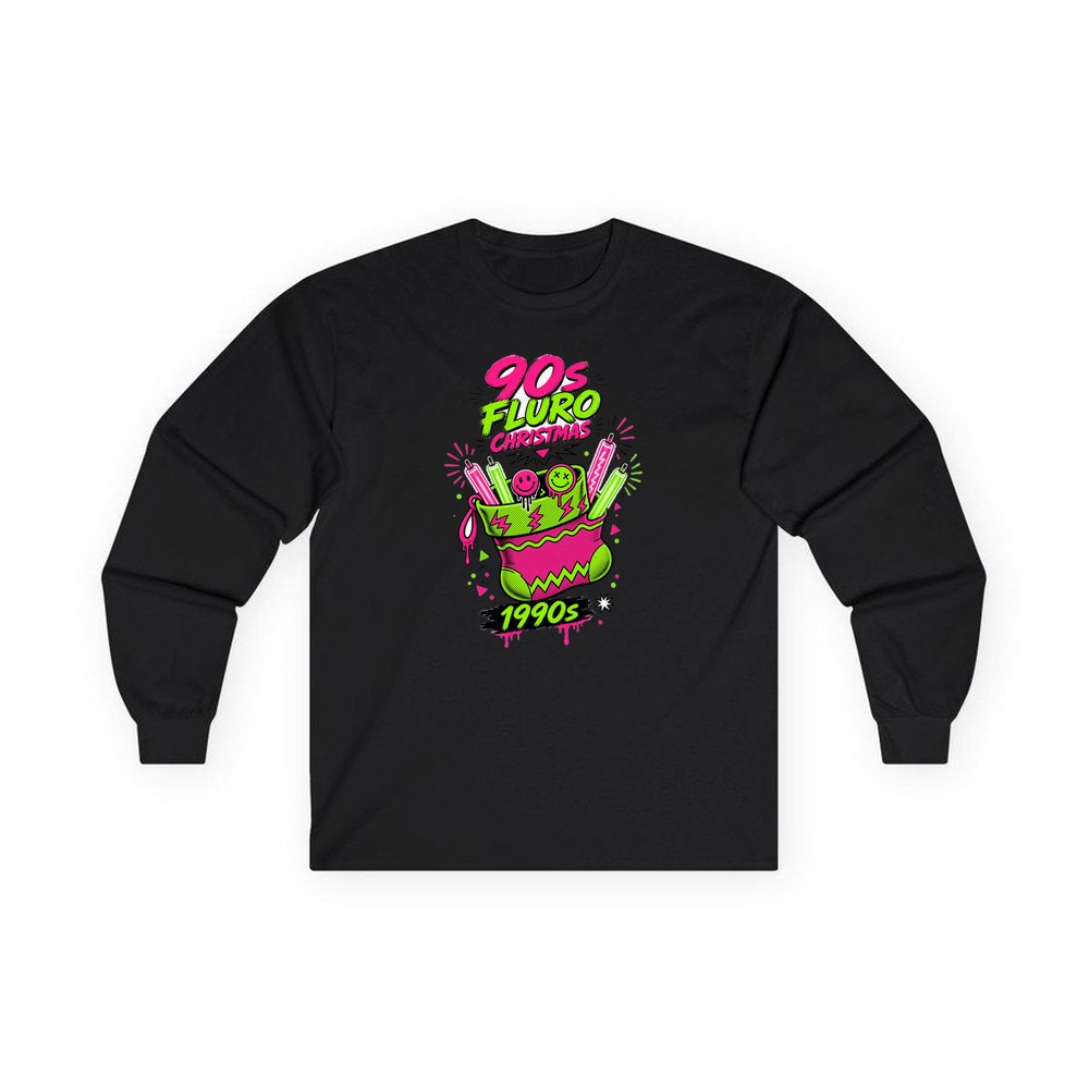 Fluro Nineties Stocking personalised long sleeve Christmas T-shirt in black