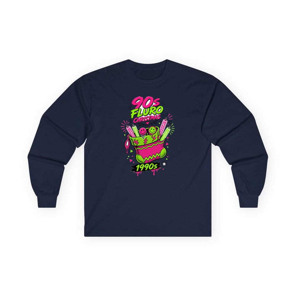 Fluro Nineties Stocking personalised long sleeve Christmas T-shirt in navy