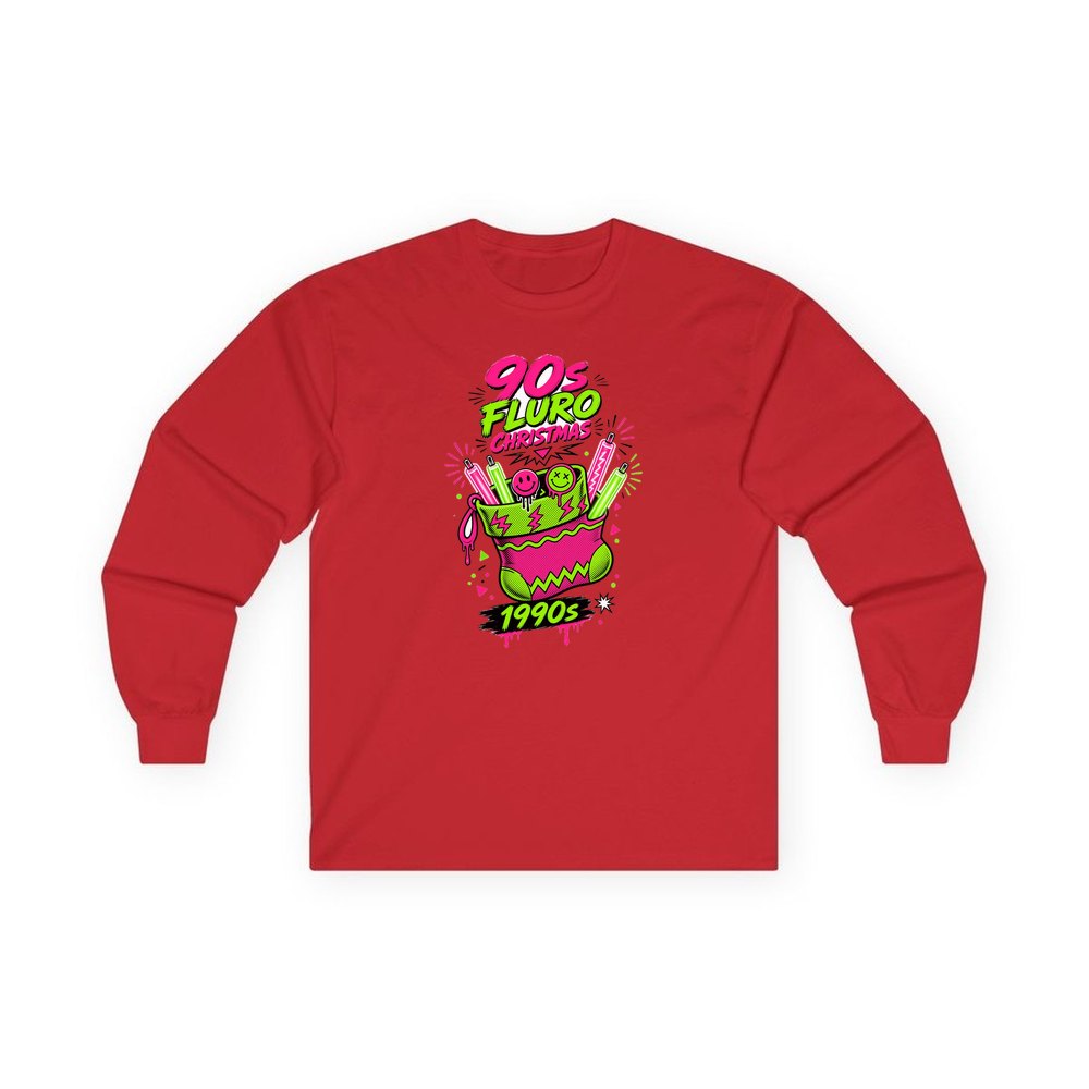 Fluro Nineties Stocking personalised long sleeve Christmas T-shirt in red