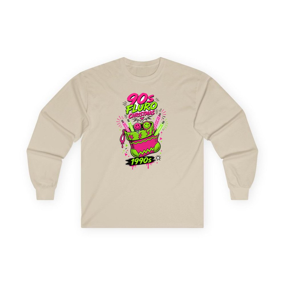 Fluro Nineties Stocking personalised long sleeve Christmas T-shirt in sand