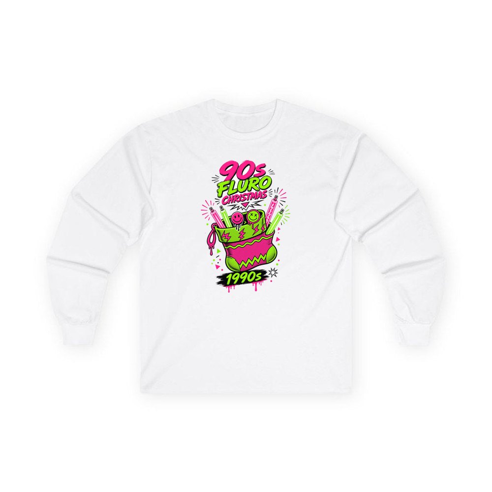 Fluro Nineties Stocking personalised long sleeve Christmas T-shirt in white