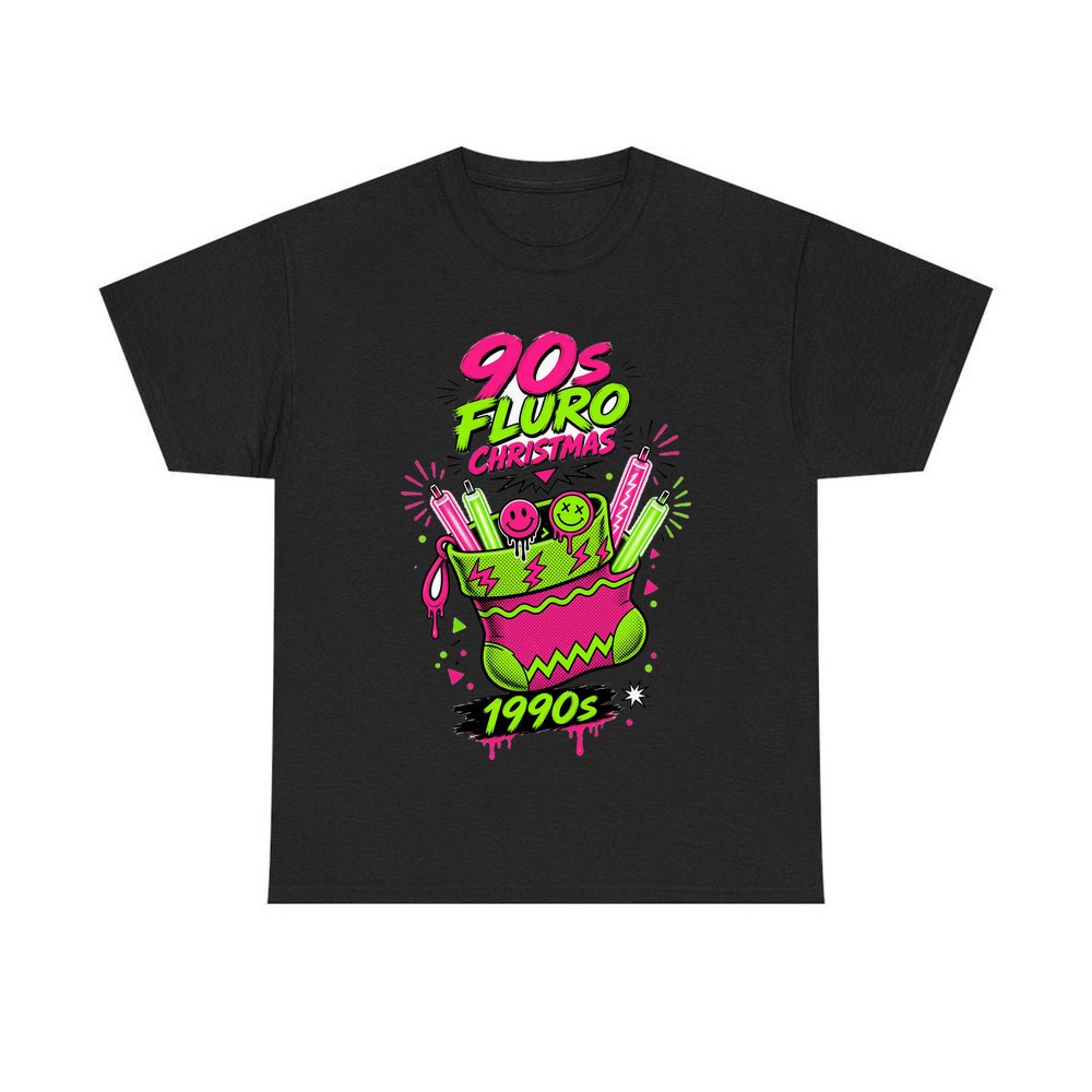 Fluro Nineties Stocking personalised Christmas T-shirt in black