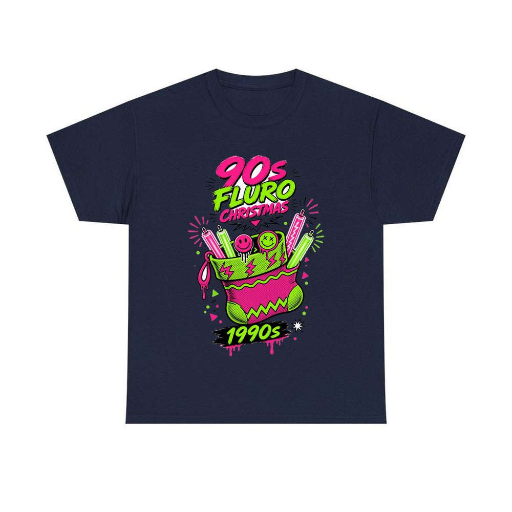Fluro Nineties Stocking personalised Christmas T-shirt in navy