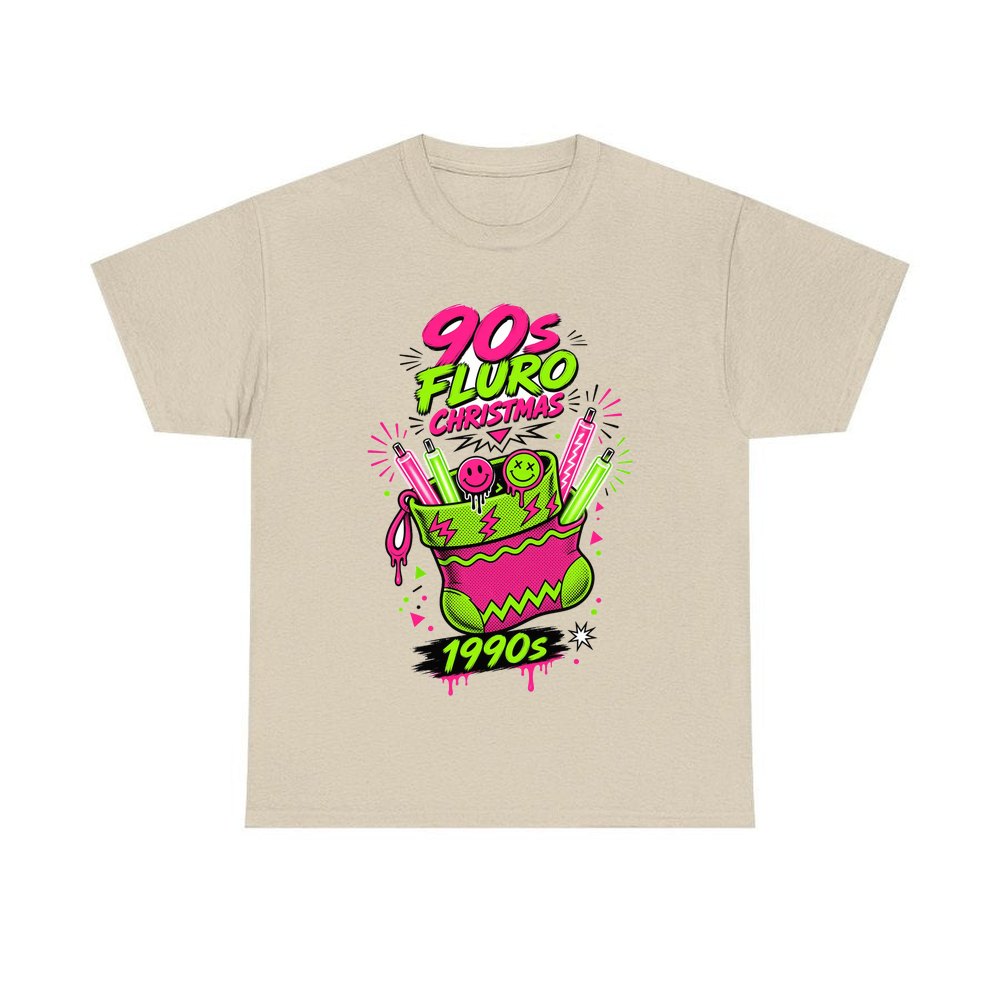 Fluro Nineties Stocking personalised Christmas T-shirt in sand