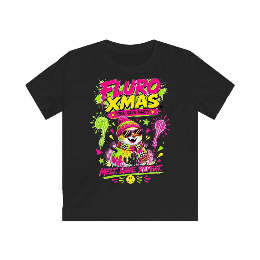 Fluro Rave Snowman personalised kids Christmas tee in black