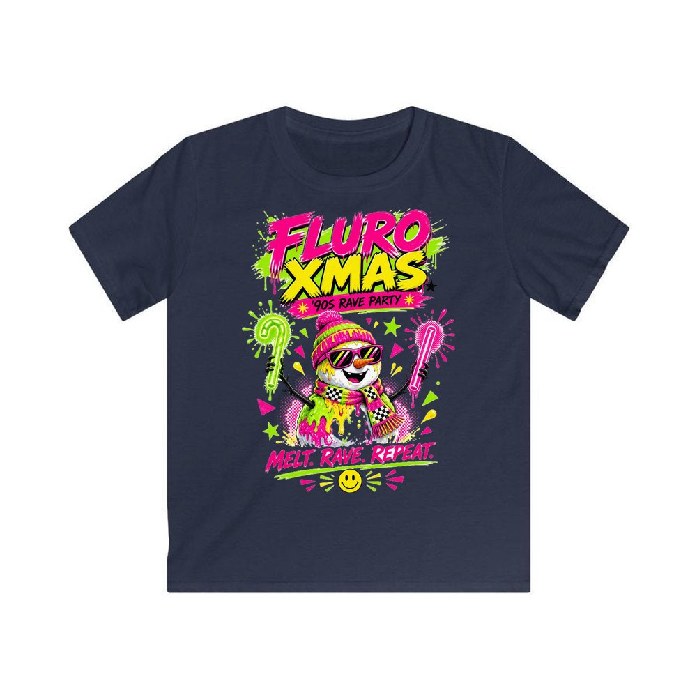 Fluro Rave Snowman personalised kids Christmas tee in navy