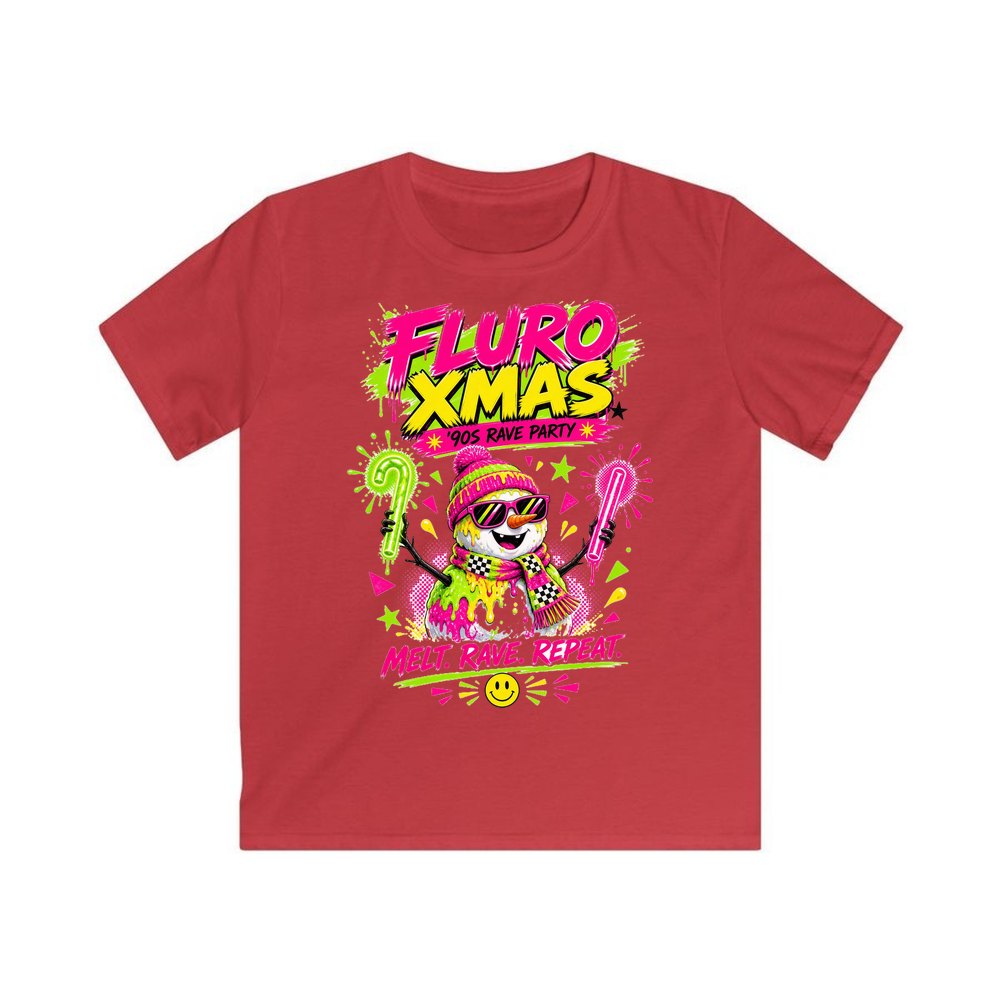 Fluro Rave Snowman personalised kids Christmas tee in red