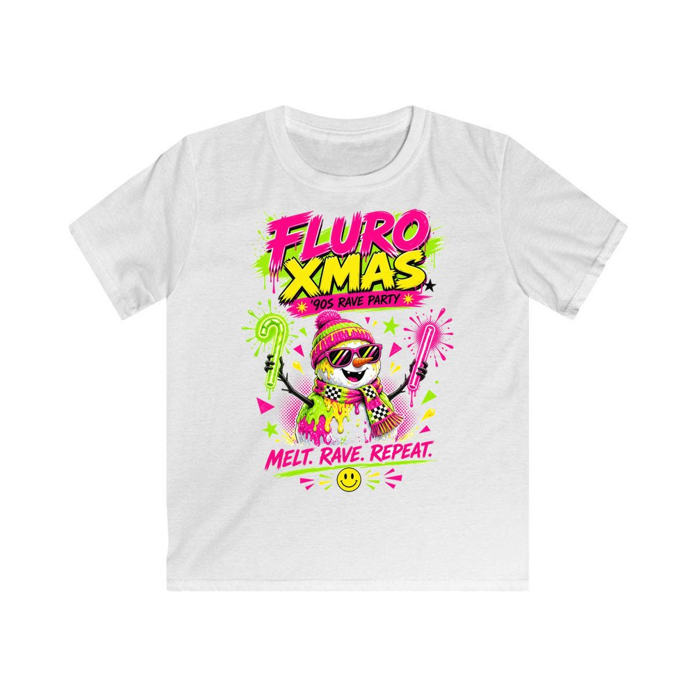 Fluro Rave Snowman personalised kids Christmas tee in white