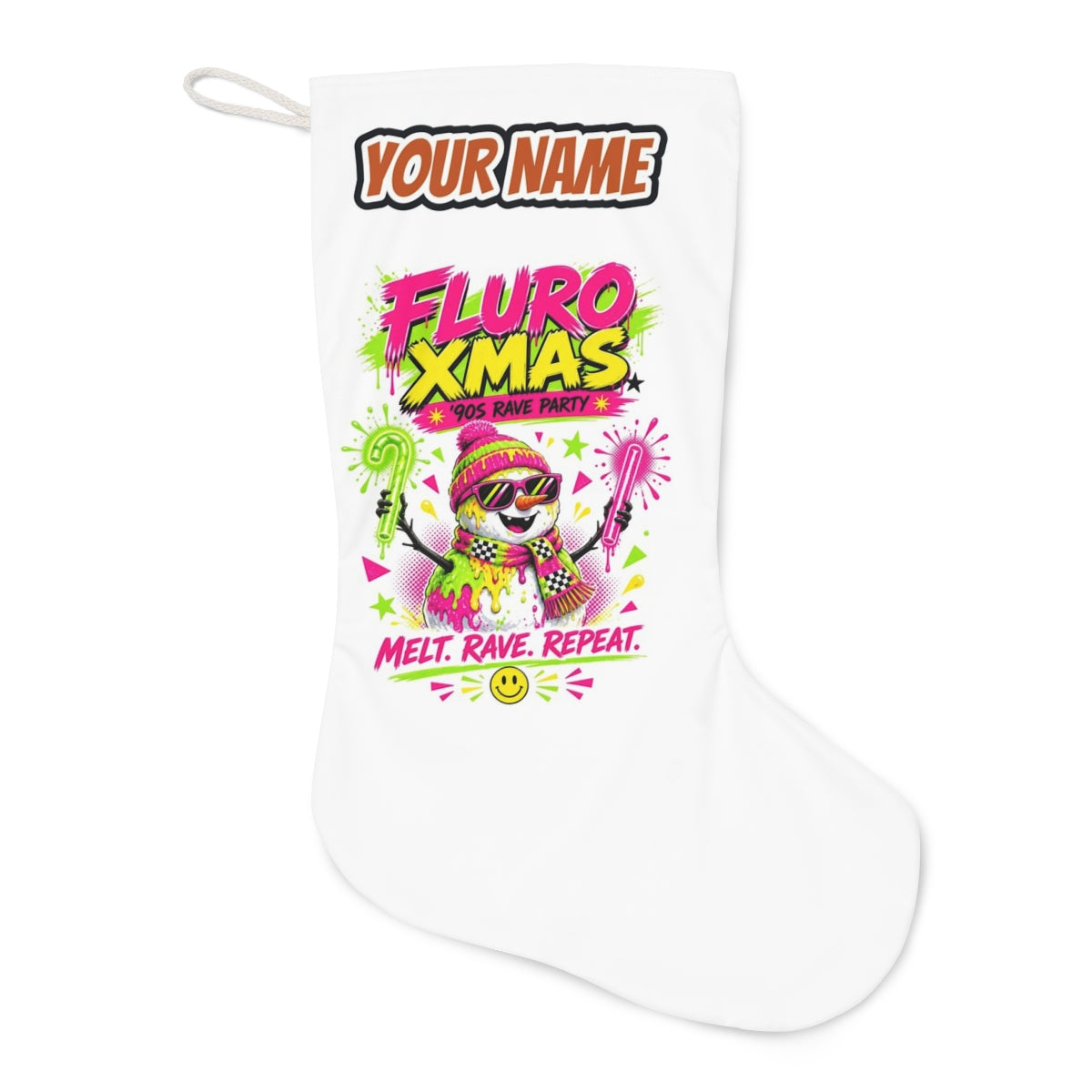 Fluro Rave Snowman Christmas stocking laid flat, showing the full print