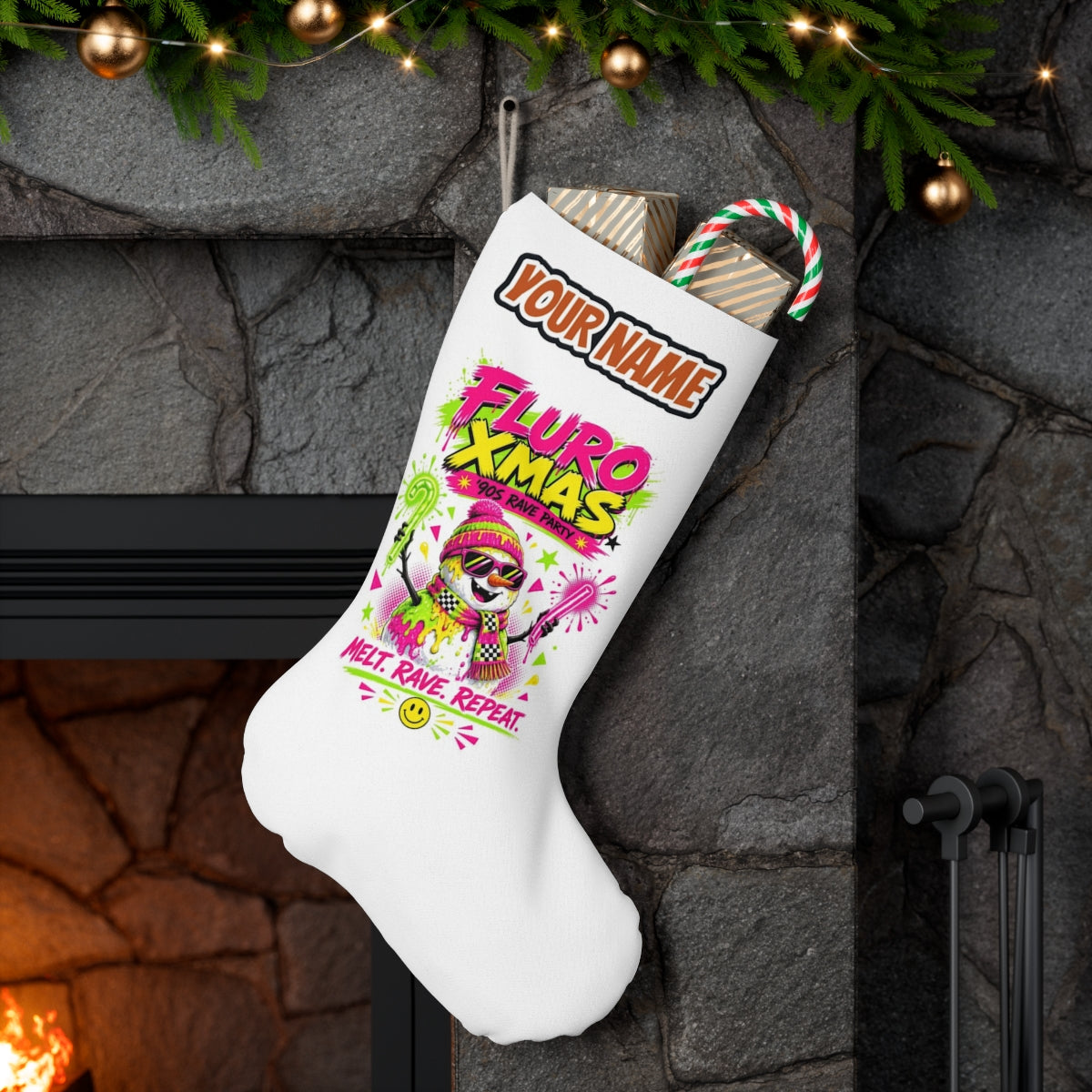 Fluro Rave Snowman personalised Christmas stocking hanging on a mantel