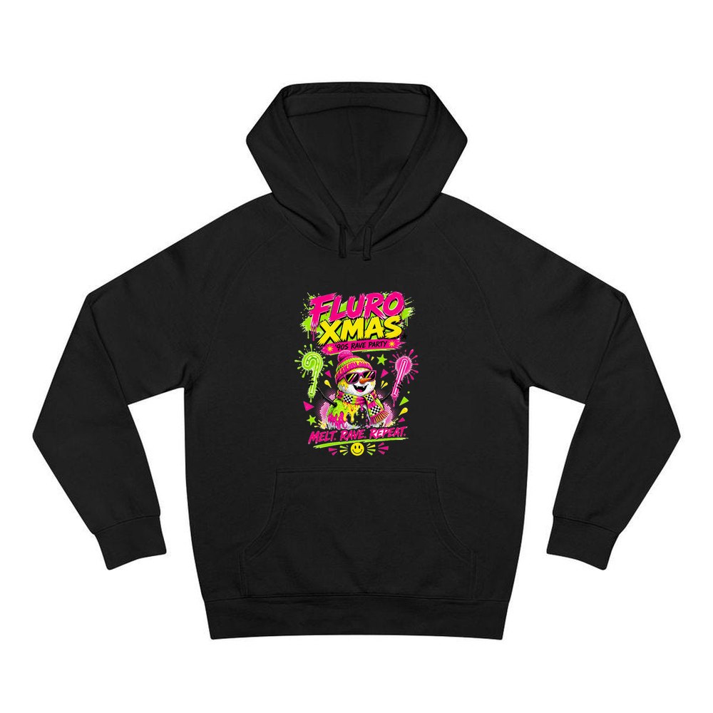 Fluro Rave Snowman personalised Christmas hoodie in black
