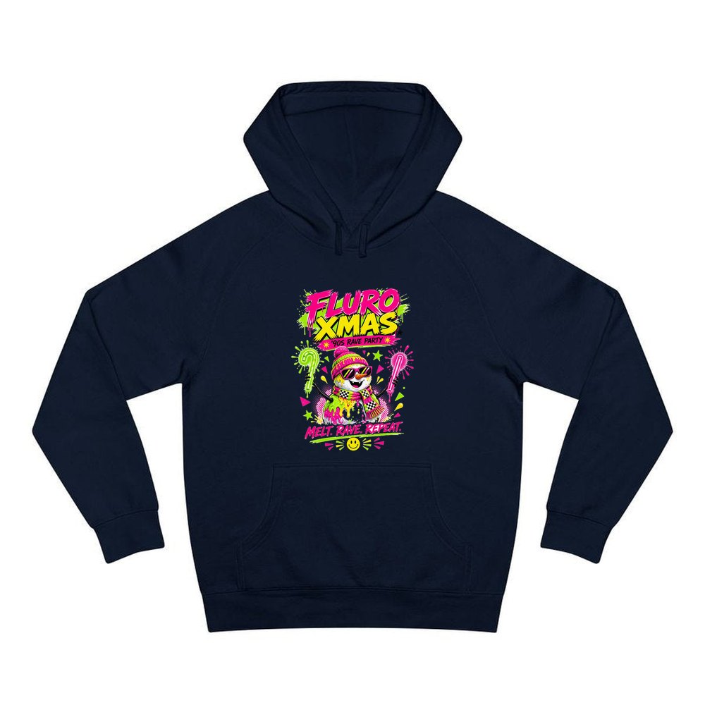 Fluro Rave Snowman personalised Christmas hoodie in navy