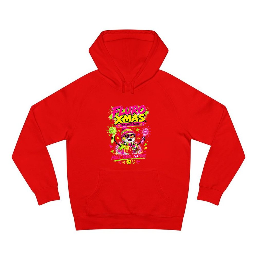 Fluro Rave Snowman personalised Christmas hoodie in red