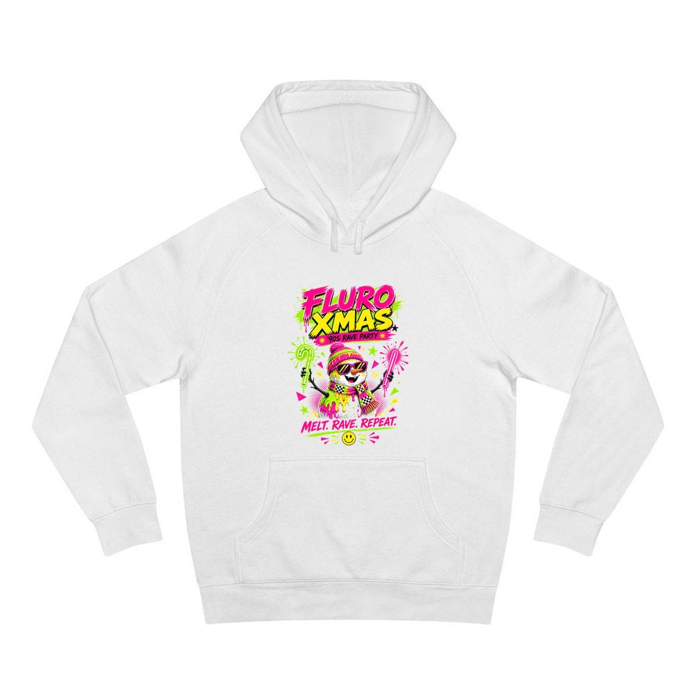Fluro Rave Snowman personalised Christmas hoodie in white