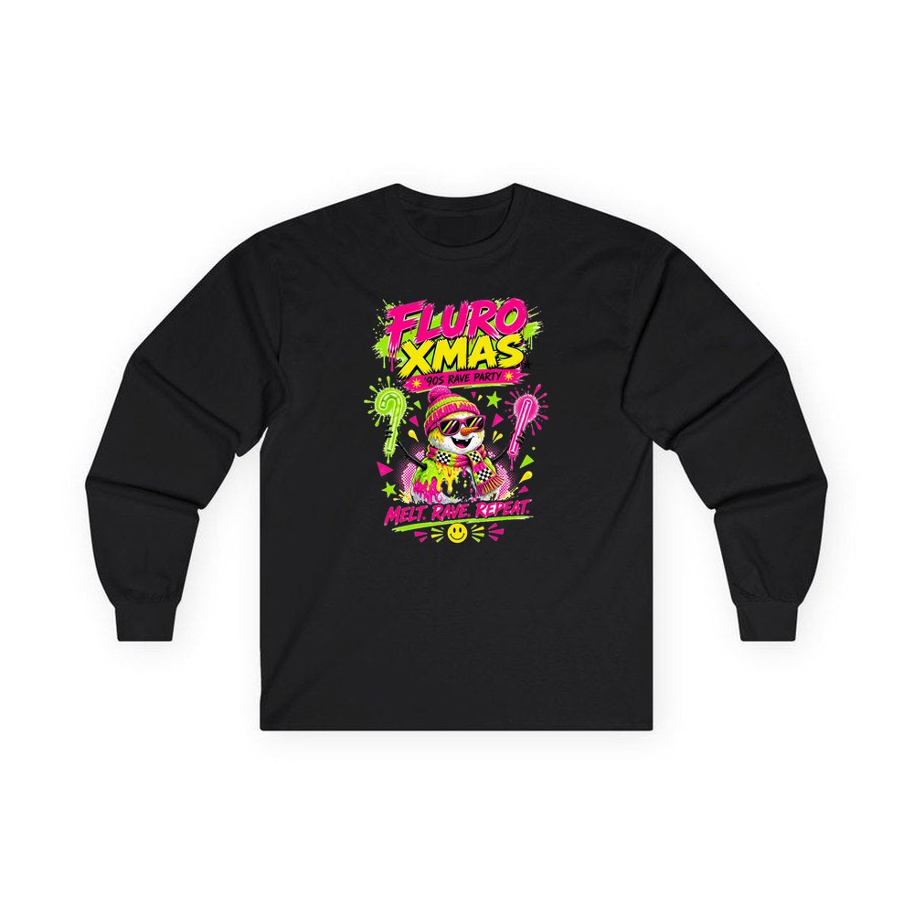 Fluro Rave Snowman personalised long sleeve Christmas T-shirt in black