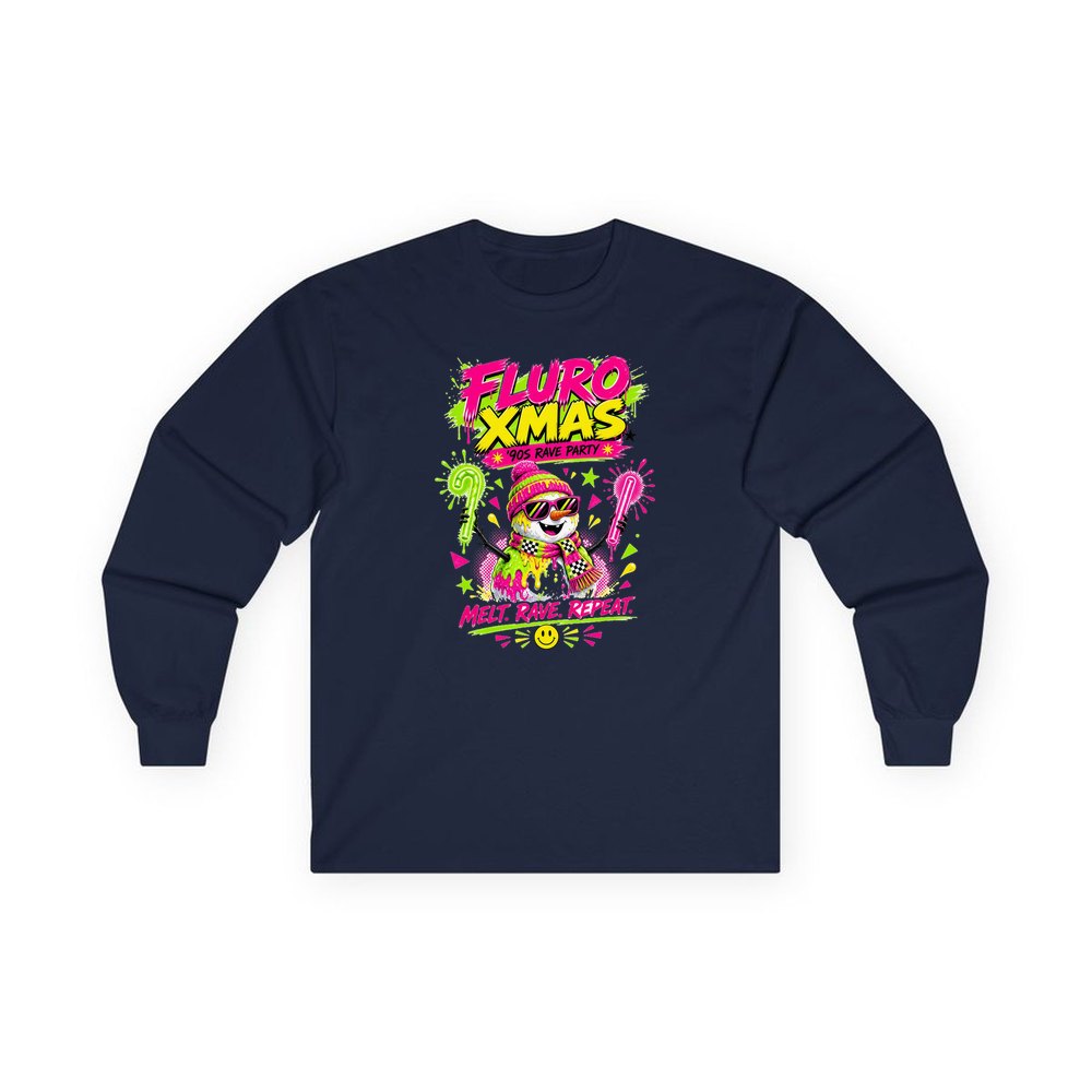Fluro Rave Snowman personalised long sleeve Christmas T-shirt in navy