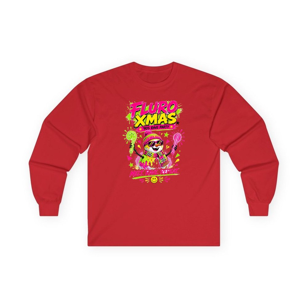 Fluro Rave Snowman personalised long sleeve Christmas T-shirt in red
