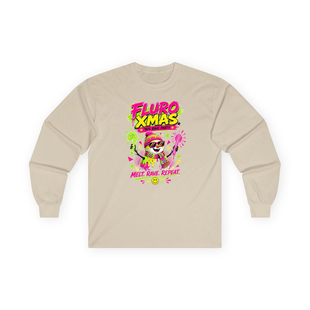 Fluro Rave Snowman personalised long sleeve Christmas T-shirt in sand