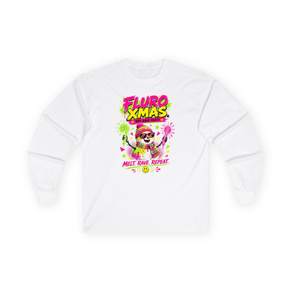 Fluro Rave Snowman personalised long sleeve Christmas T-shirt in white