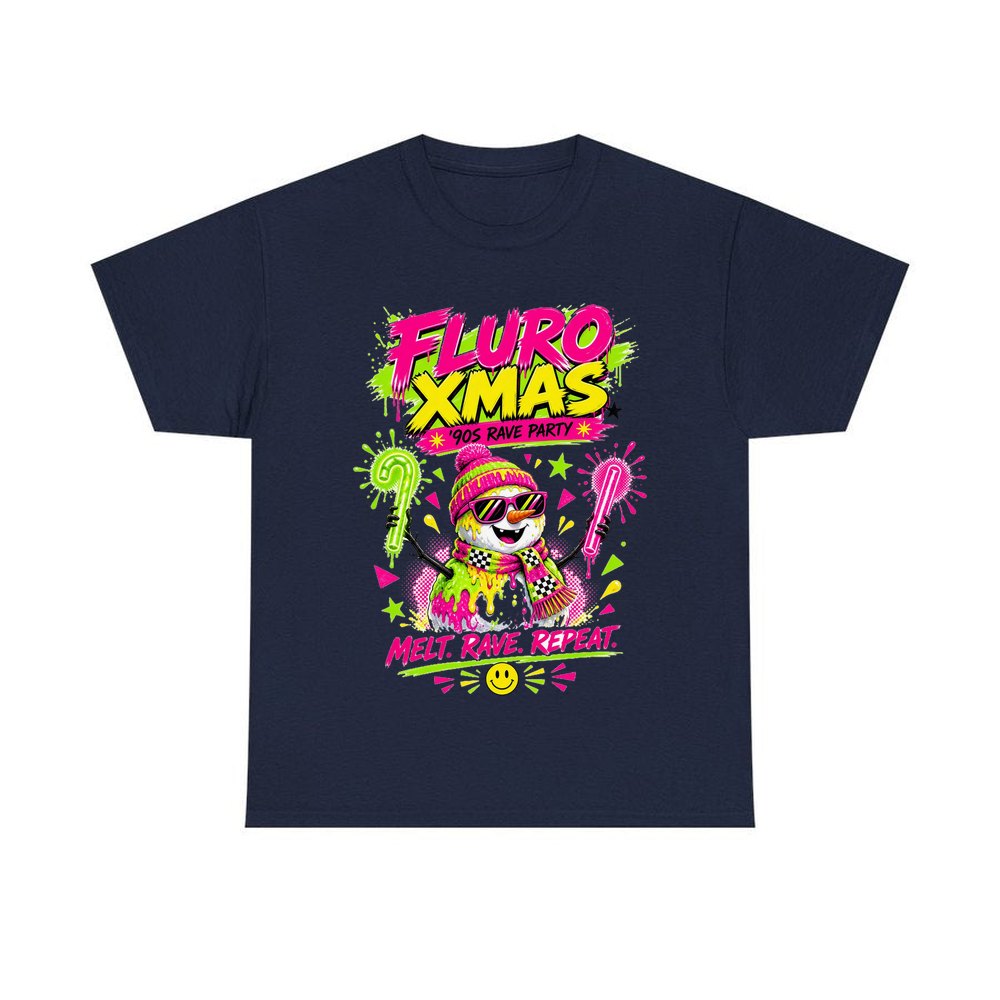 Fluro Rave Snowman personalised Christmas T-shirt in navy