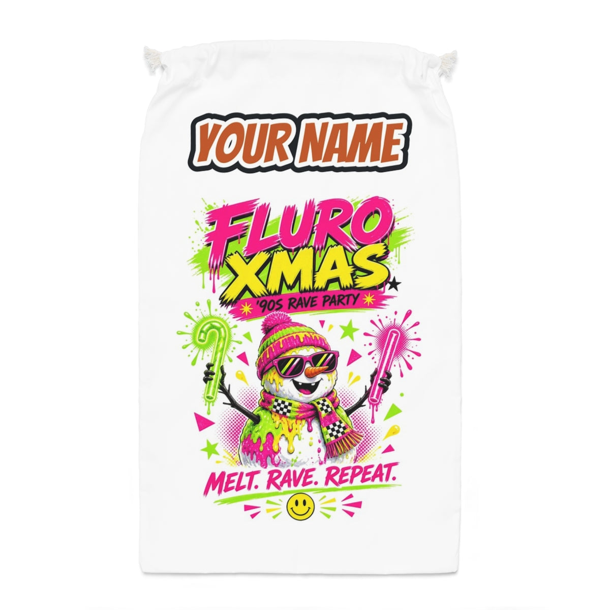 Fluro Rave Snowman Santa sack laid flat, showing the full print