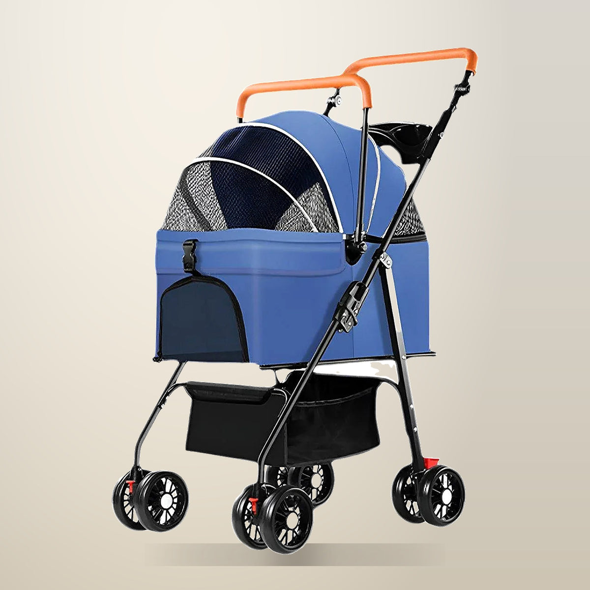 Foldable 2 in 1 Pet Stroller with Shock Absorbing Wheels, Blue, on a plain cream background