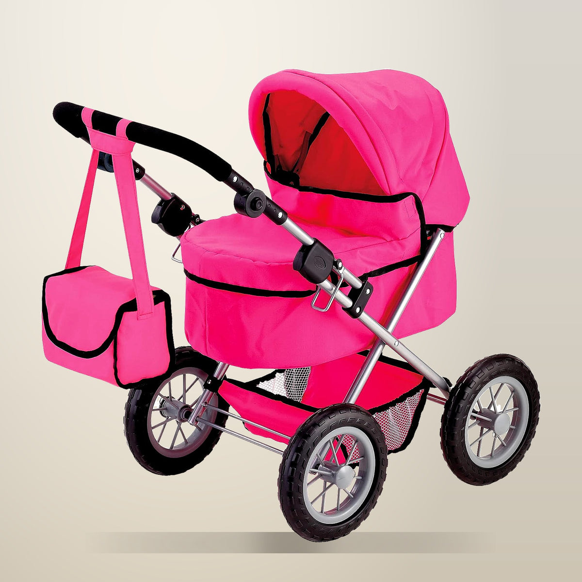 VIKUS Foldable Dolls Pram, Pink, for Dolls up to 46 cm, on a plain cream background