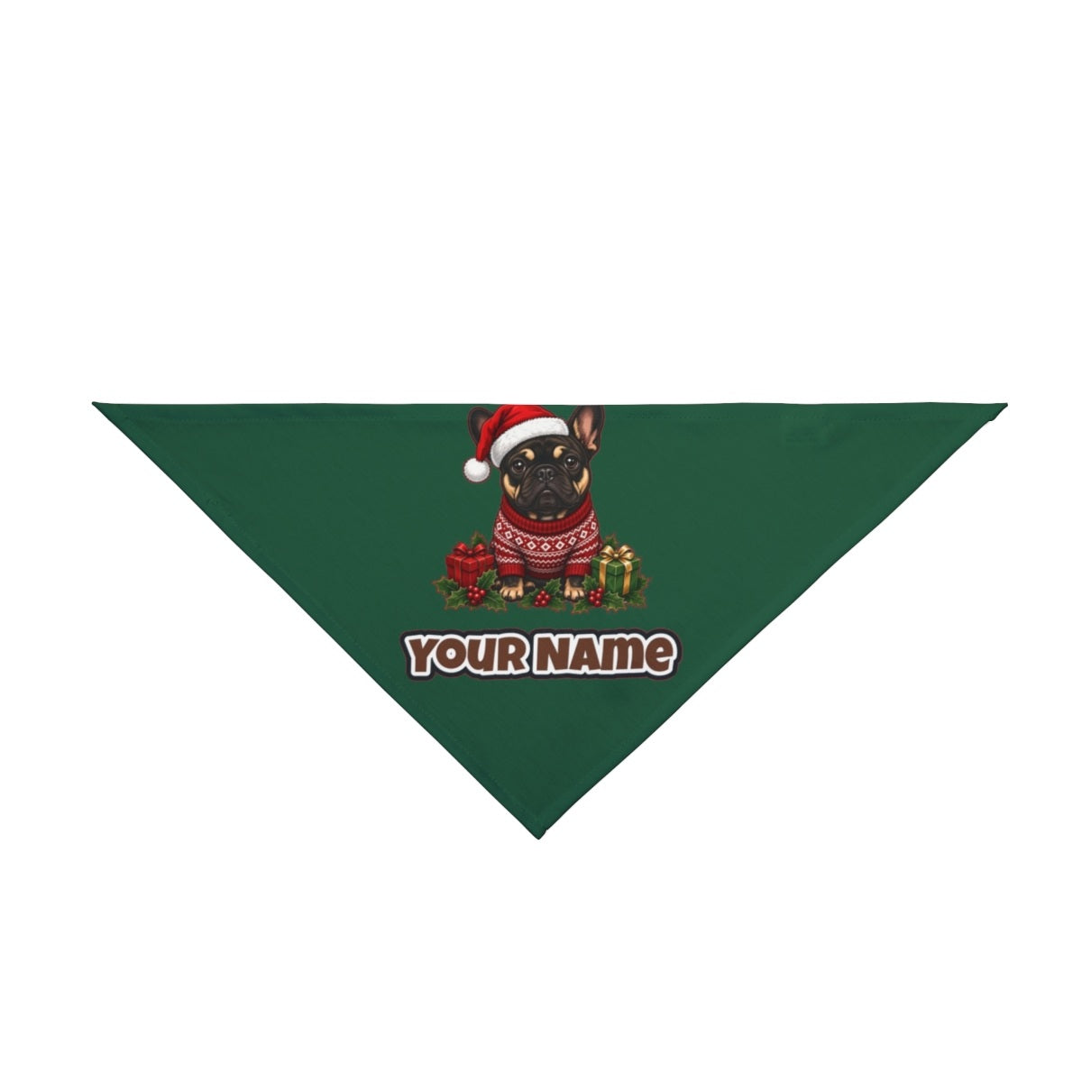 French Bulldog personalised Christmas pet bandana in green, tie-on style