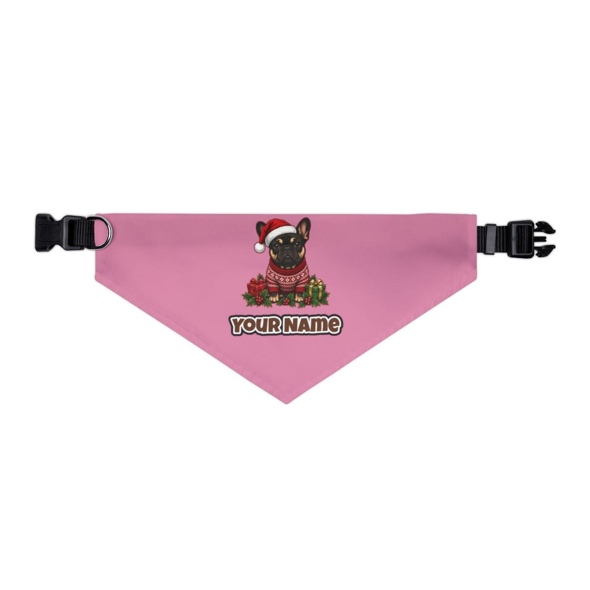 French Bulldog personalised Christmas pet bandana in pink, collar with buckle