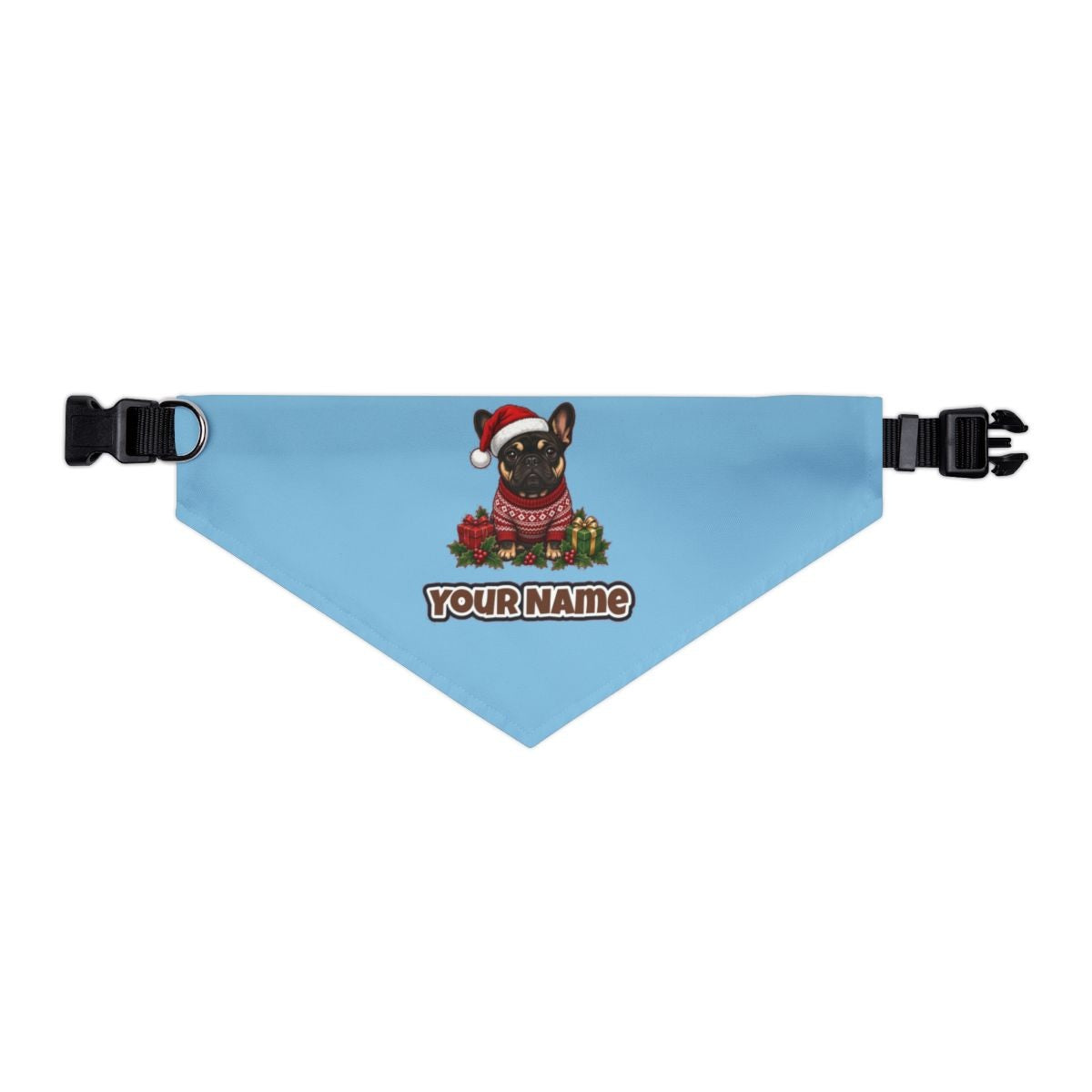 French Bulldog personalised Christmas pet bandana in sky blue, collar with buckle