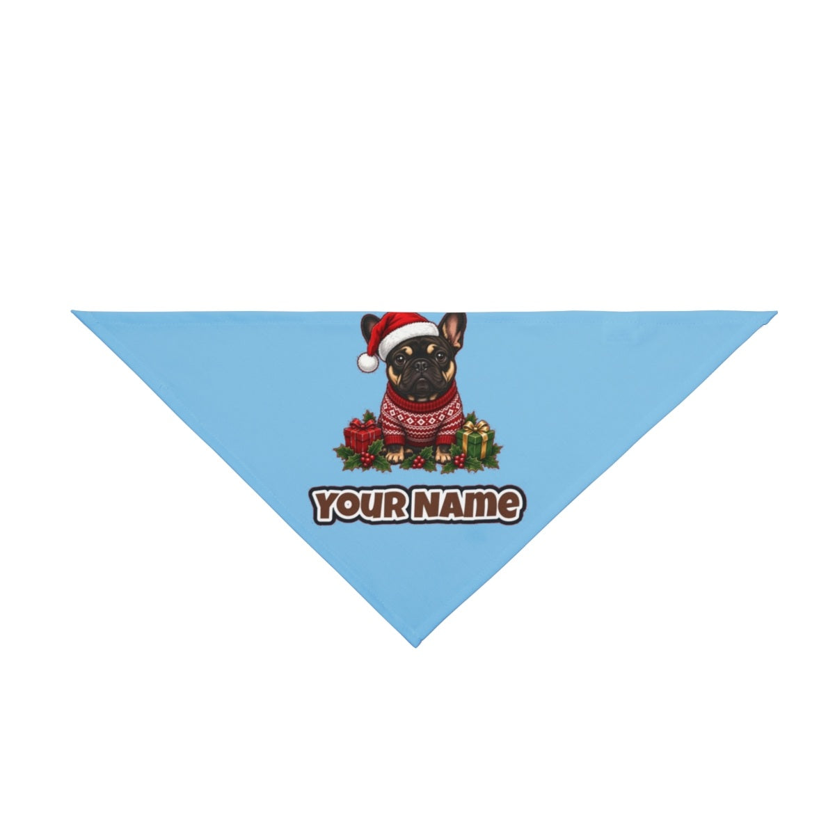 French Bulldog personalised Christmas pet bandana in sky blue, tie-on style