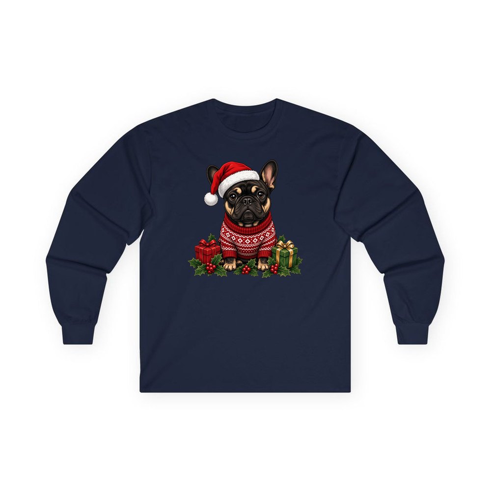 French Bulldog personalised long sleeve Christmas T-shirt in navy