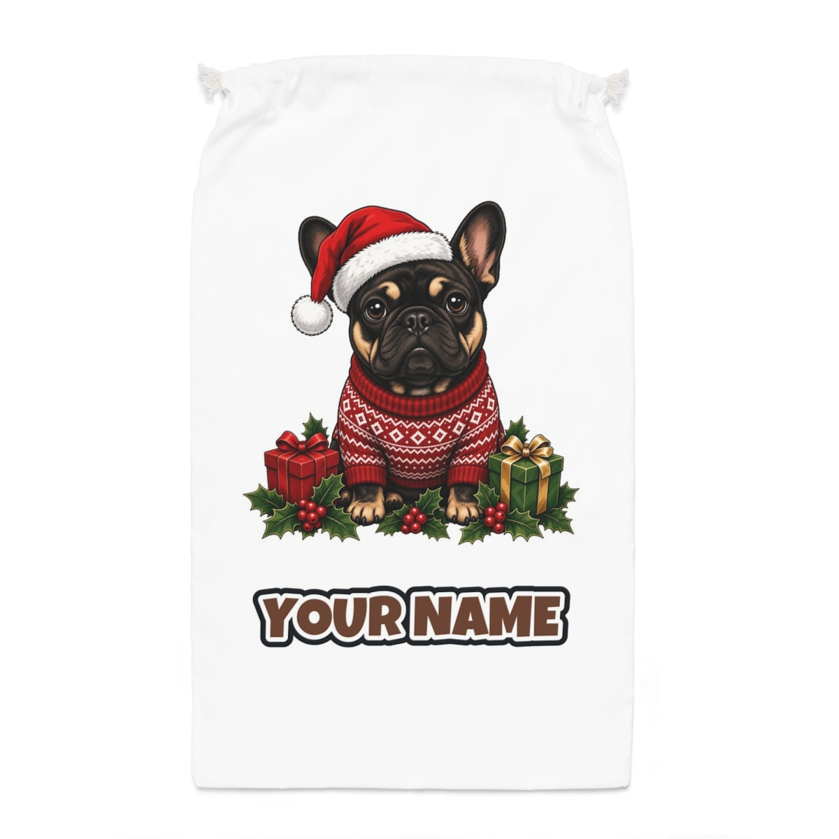 French Bulldog Santa sack laid flat, showing the full print
