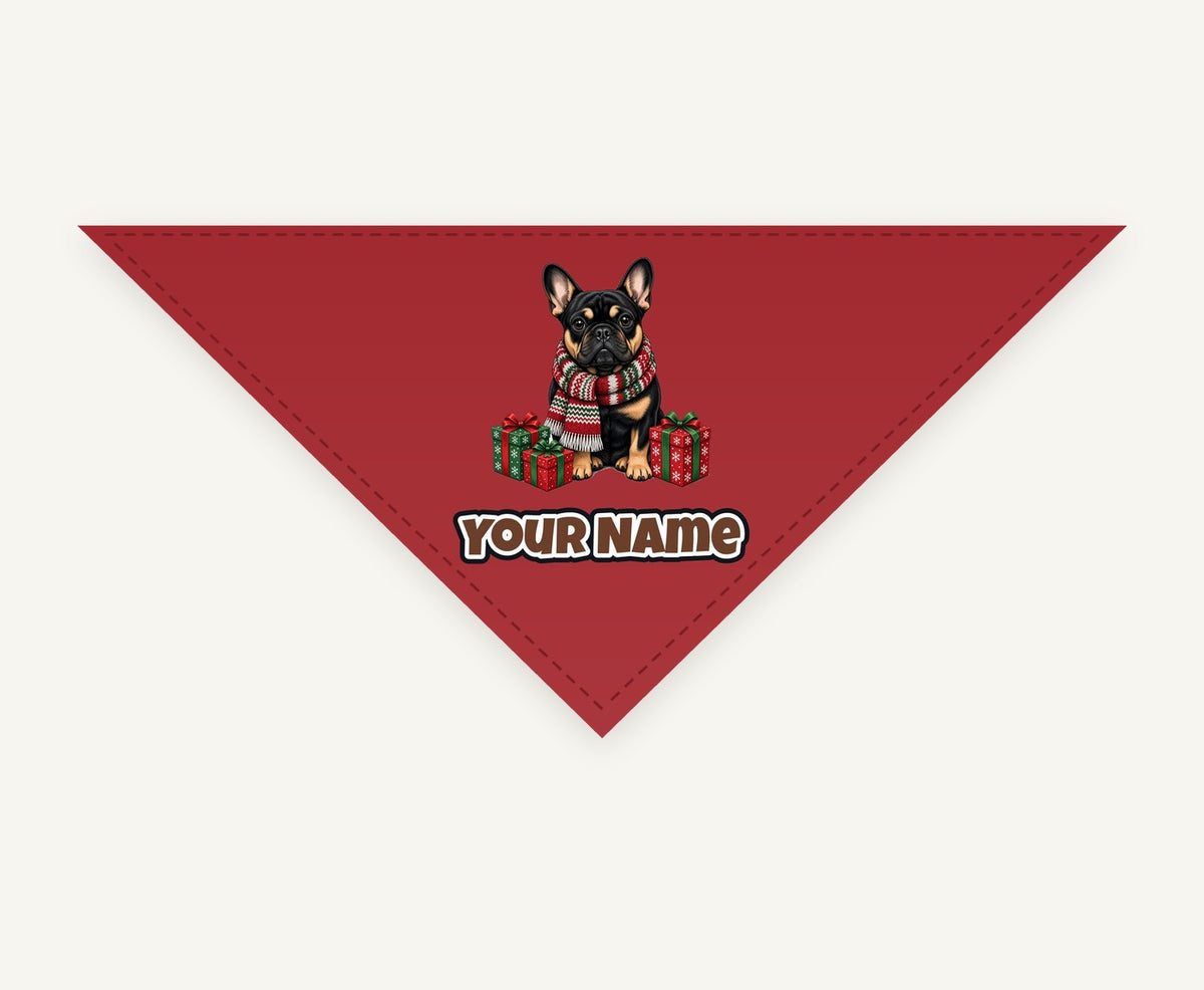 French Bulldog in a Christmas Scarf personalised Christmas pet bandana, tie-on style