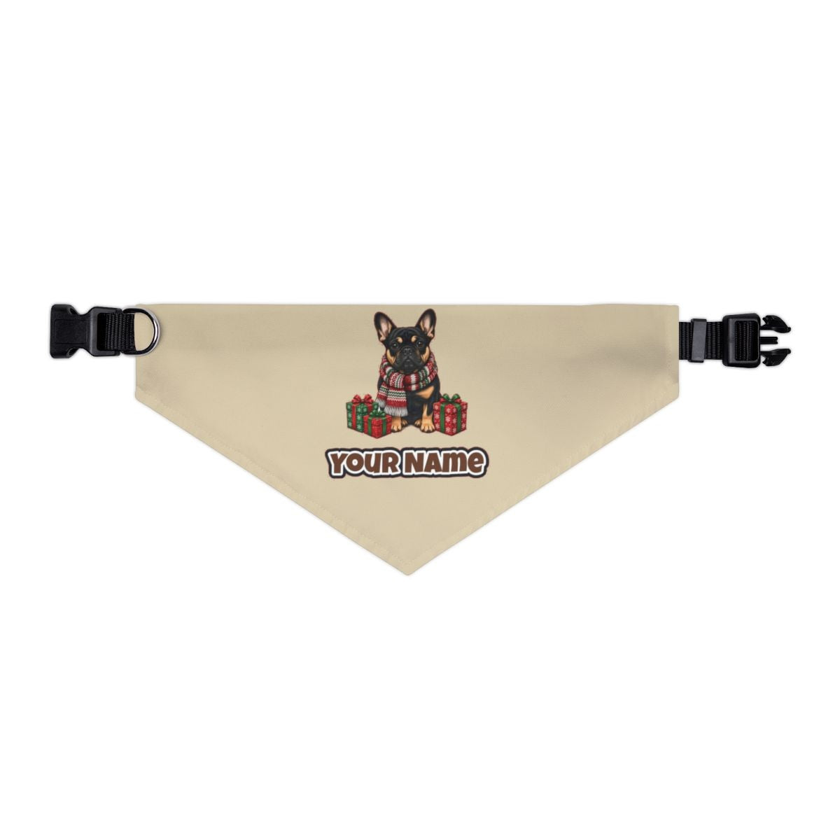 French Bulldog in a Christmas Scarf personalised Christmas pet bandana in beige, collar with buckle
