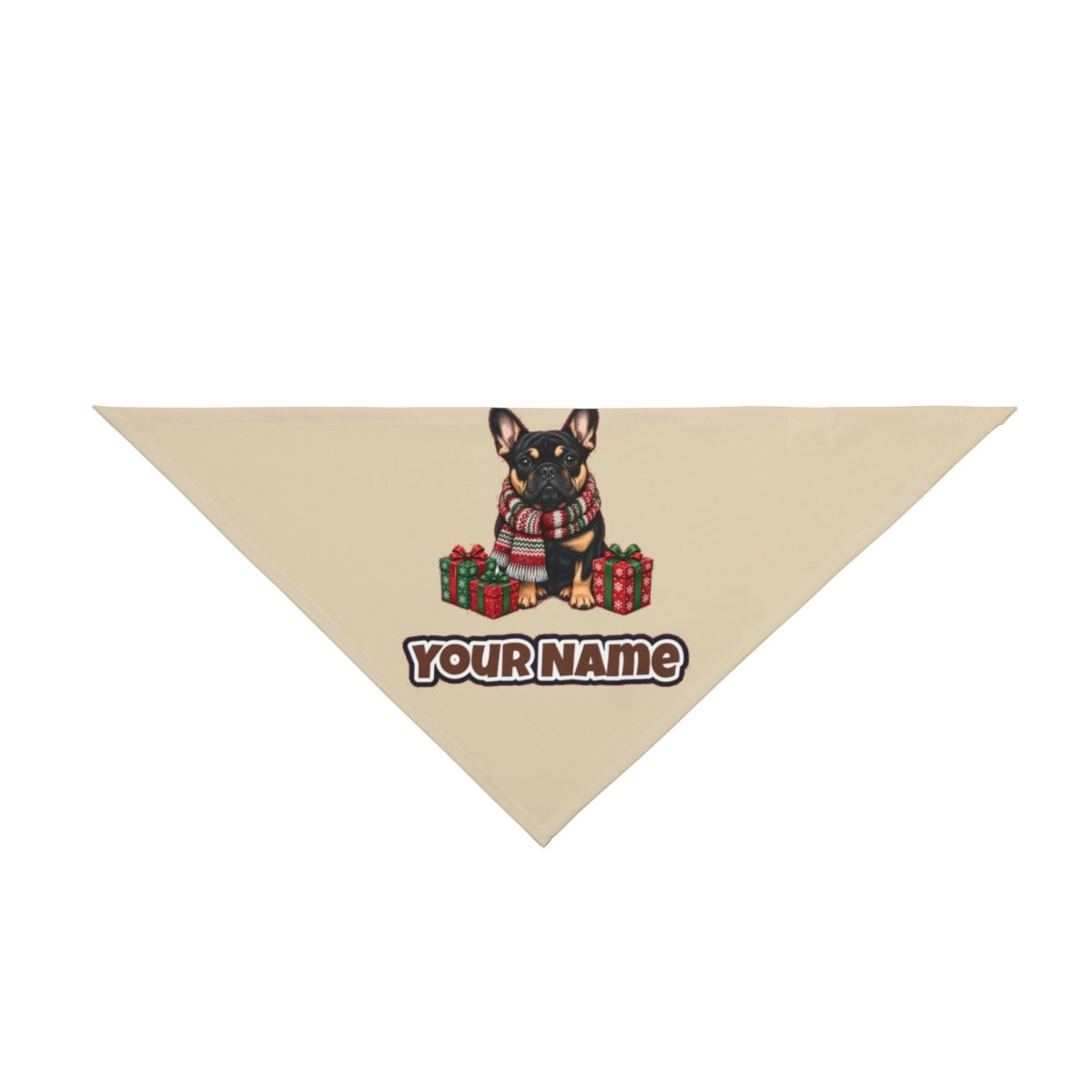 French Bulldog in a Christmas Scarf personalised Christmas pet bandana in beige, tie-on style