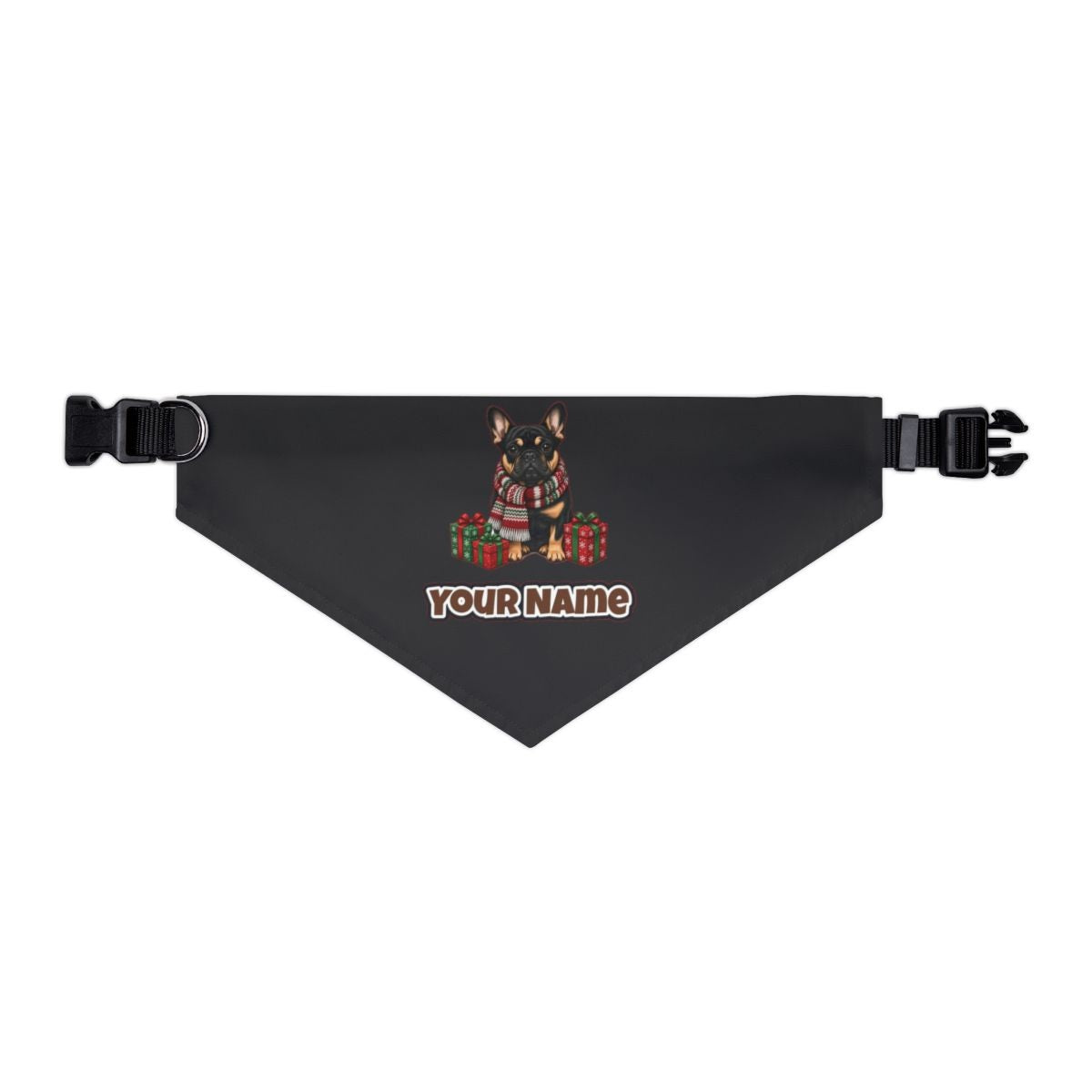 French Bulldog in a Christmas Scarf personalised Christmas pet bandana in black, collar with buckle