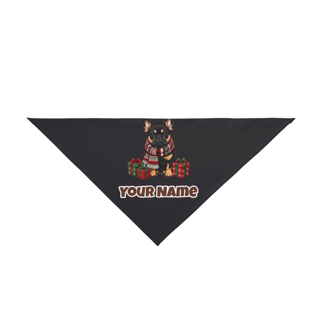 French Bulldog in a Christmas Scarf personalised Christmas pet bandana in black, tie-on style