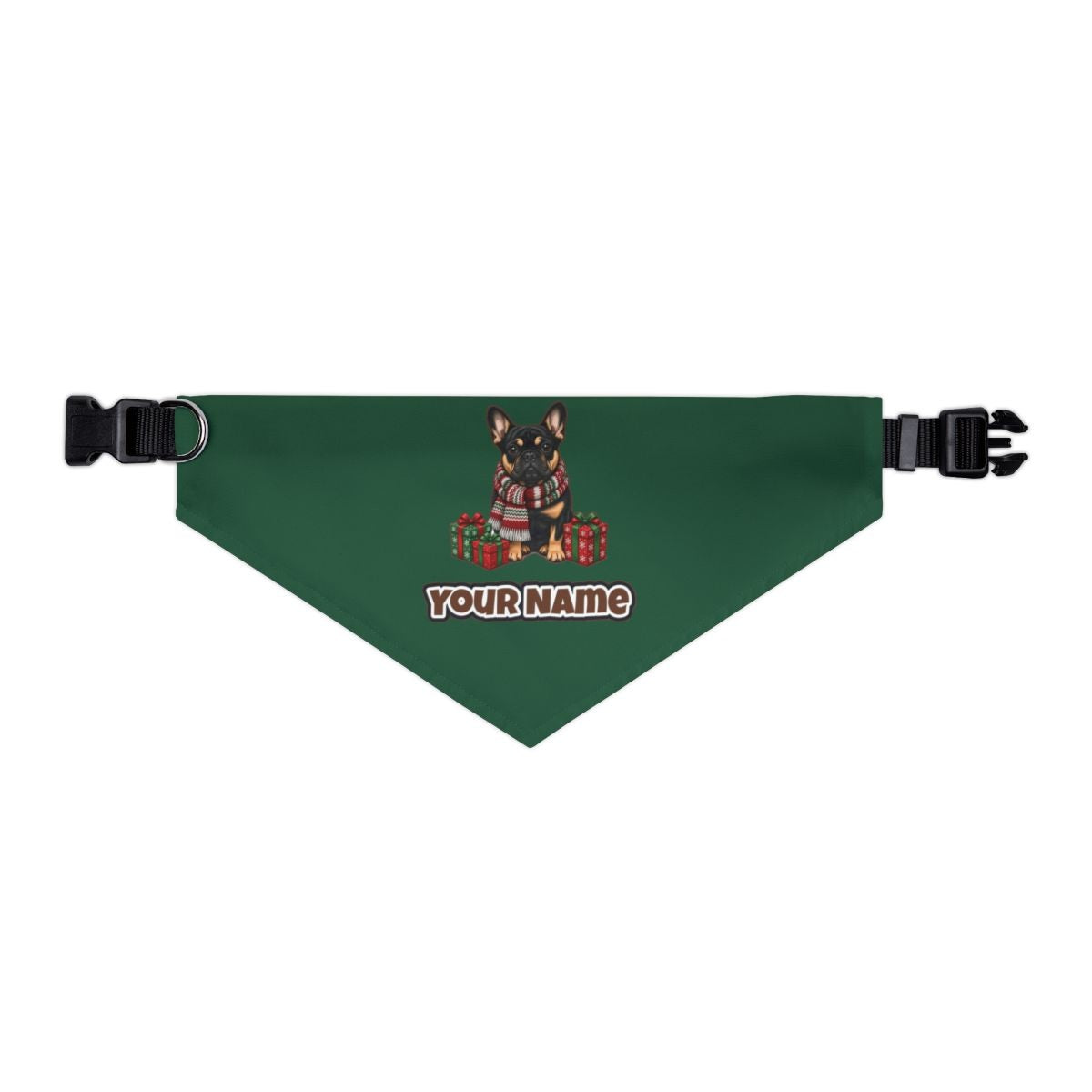 French Bulldog in a Christmas Scarf personalised Christmas pet bandana in green, collar with buckle