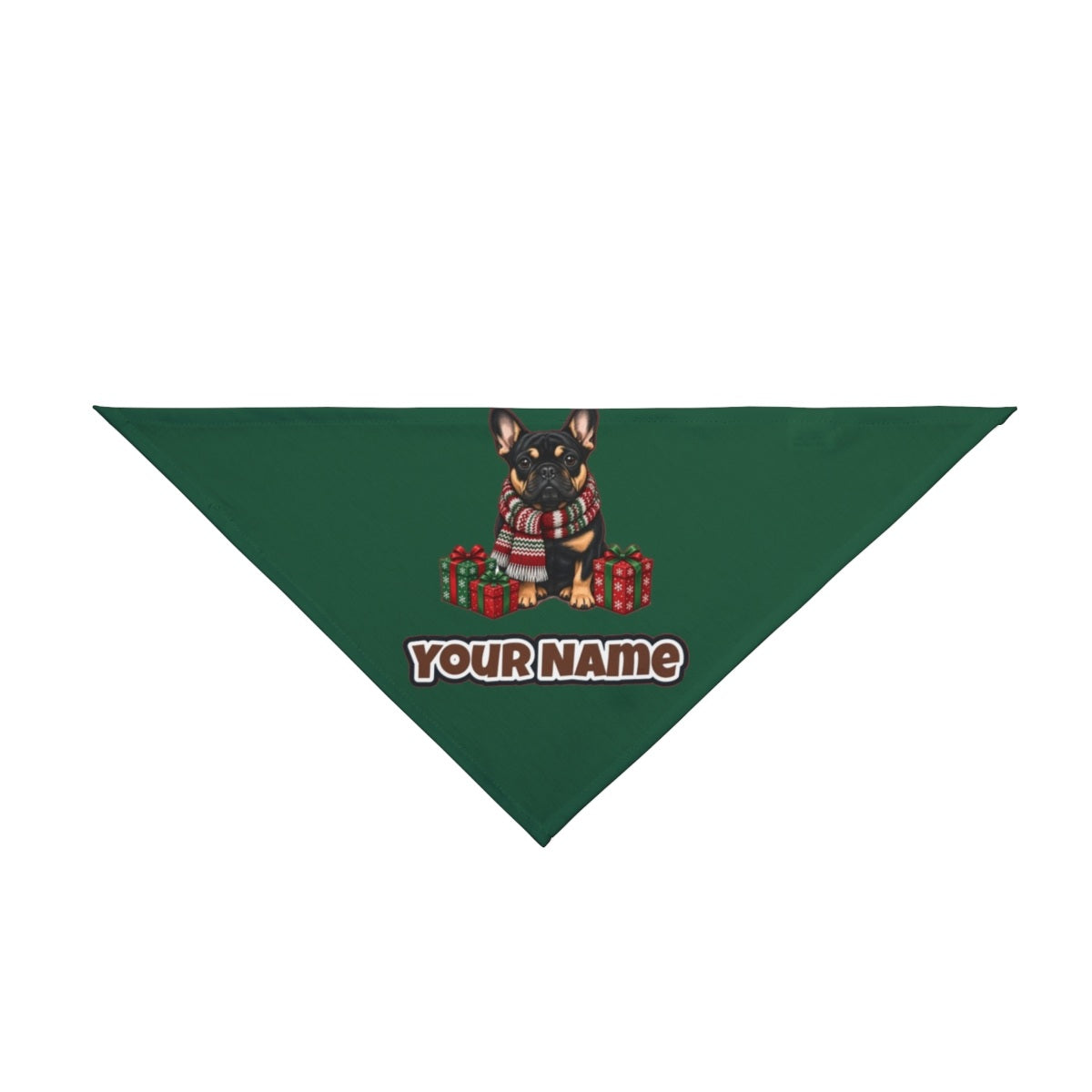 French Bulldog in a Christmas Scarf personalised Christmas pet bandana in green, tie-on style