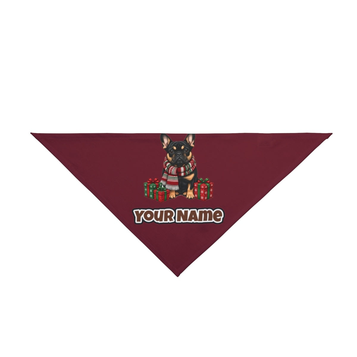 French Bulldog in a Christmas Scarf personalised Christmas pet bandana in maroon, tie-on style
