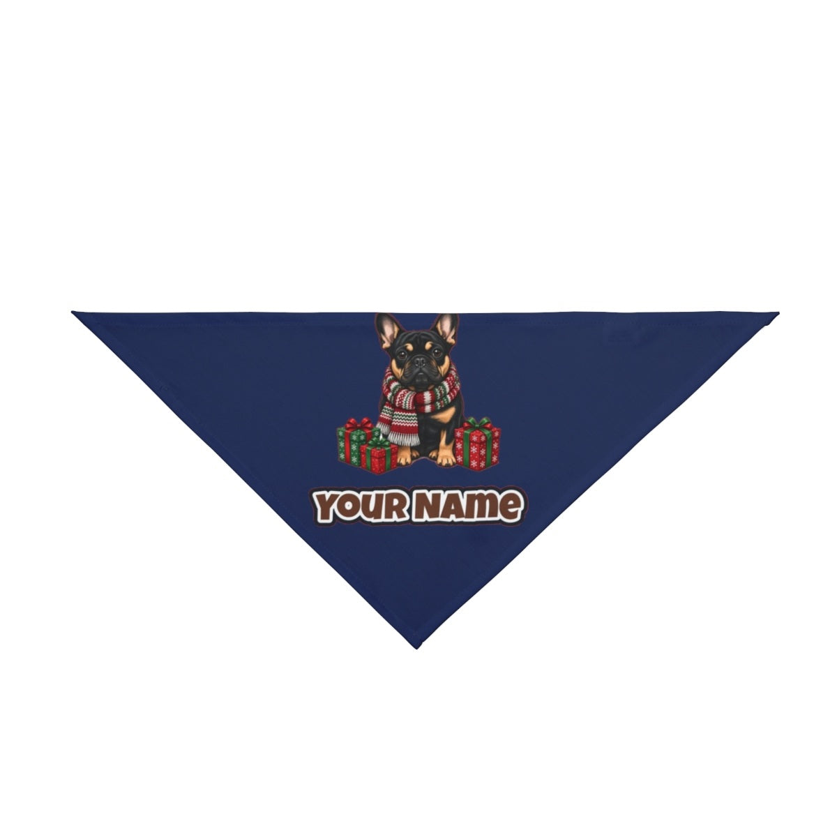 French Bulldog in a Christmas Scarf personalised Christmas pet bandana in navy, tie-on style