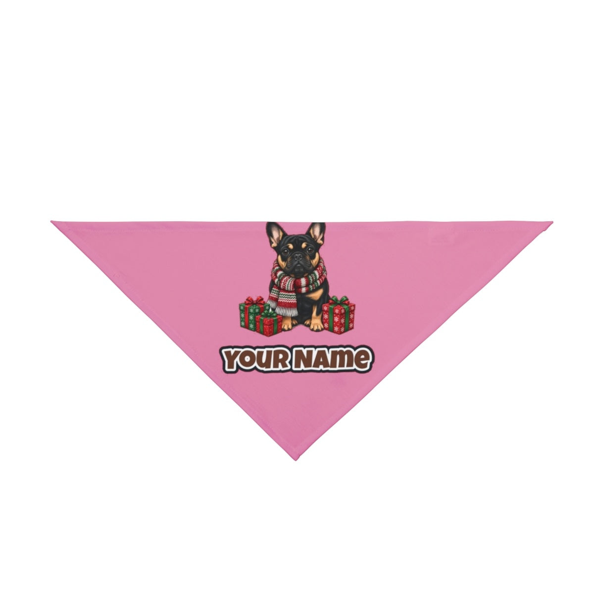 French Bulldog in a Christmas Scarf personalised Christmas pet bandana in pink, tie-on style