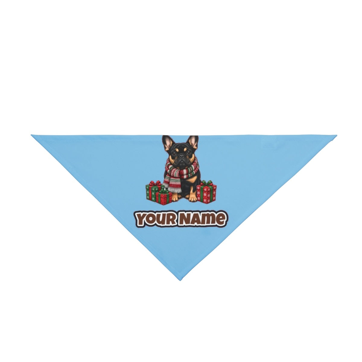 French Bulldog in a Christmas Scarf personalised Christmas pet bandana in sky blue, tie-on style