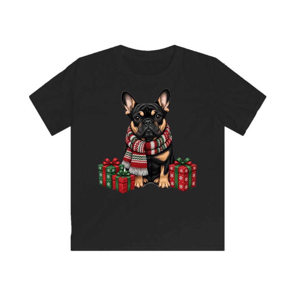French Bulldog in a Christmas Scarf personalised kids Christmas tee in black