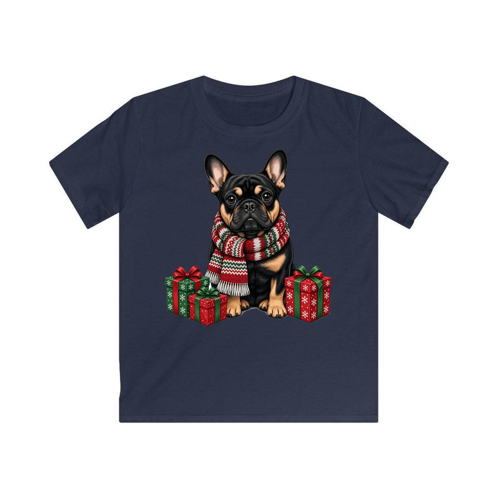 French Bulldog in a Christmas Scarf personalised kids Christmas tee in navy