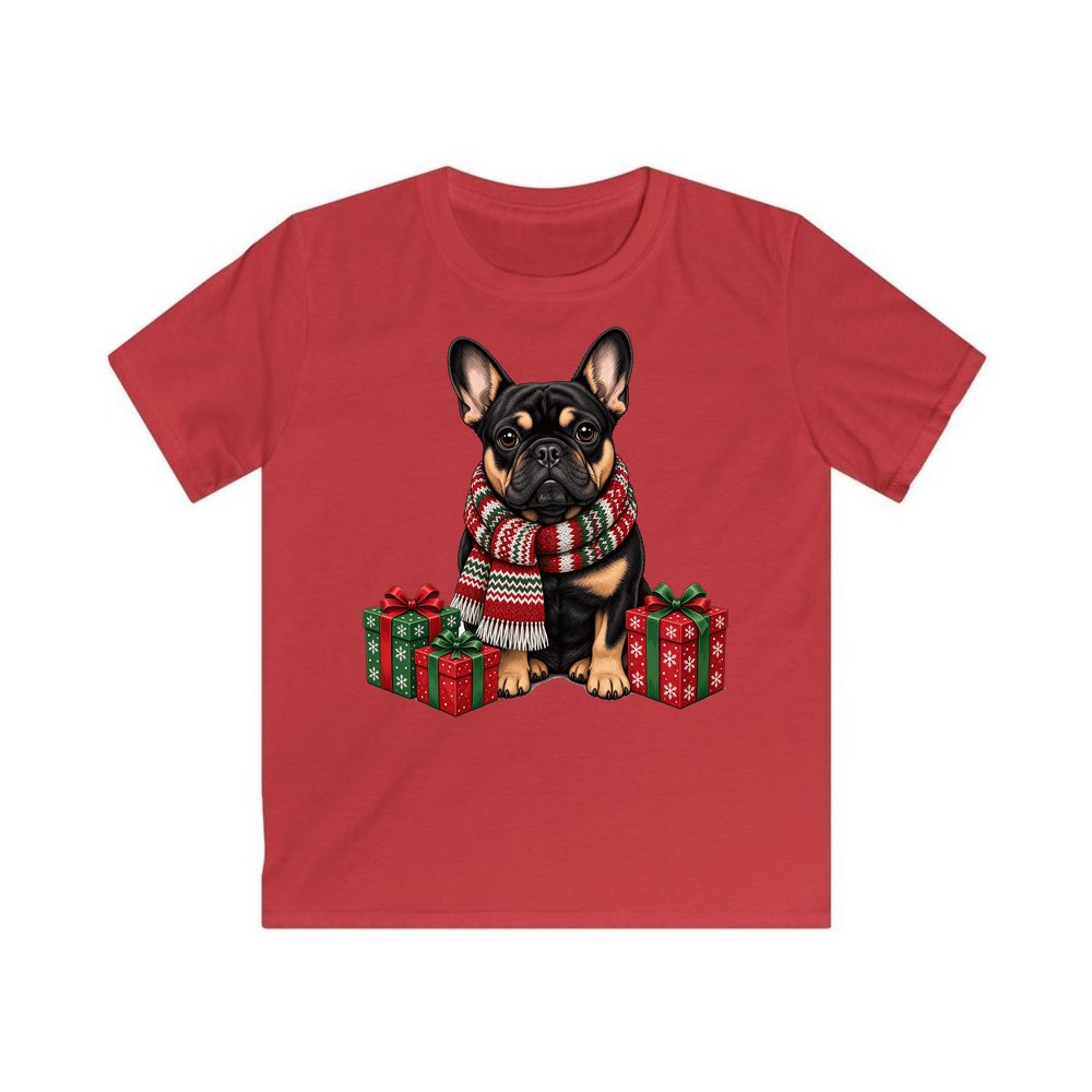 French Bulldog in a Christmas Scarf personalised kids Christmas tee in red